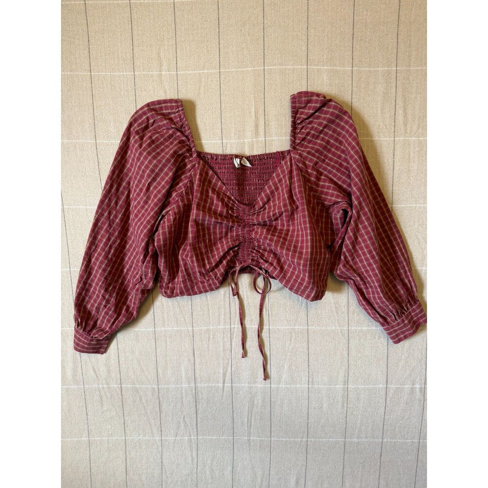 Levi's Red Gingham Crop Top XL 100% Cotton Puff Sleeve Cinch Tie Front Blouse